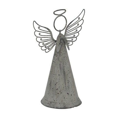 Hill Interiors rustic standing angel metal figure in weathered brown with folded wire wings and halo, cone-shaped body, shown on a plain white background.