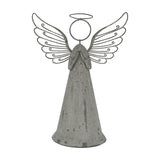 Hill Interiors large rustic metal standing angel in brown, with a slender cone-shaped body, folded arms, sculpted wire wings and halo, on a white background.