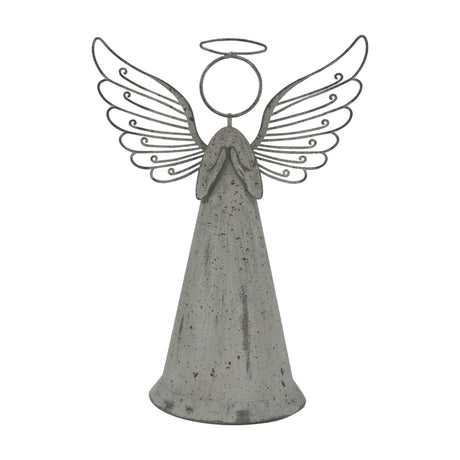 Hill Interiors large rustic metal standing angel in brown, with a slender cone-shaped body, folded arms, sculpted wire wings and halo, on a white background.