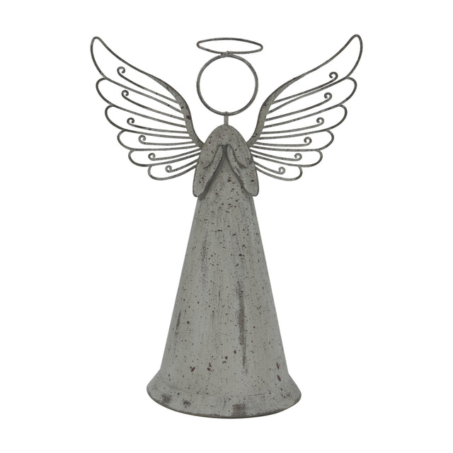 Hill Interiors large rustic metal standing angel in brown, with a slender cone-shaped body, folded arms, sculpted wire wings and halo, on a white background.
