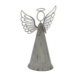 Hill Interiors large rustic metal standing angel in weathered brown, with sculpted wire wings and halo above a slender cone-shaped body, on a white background.