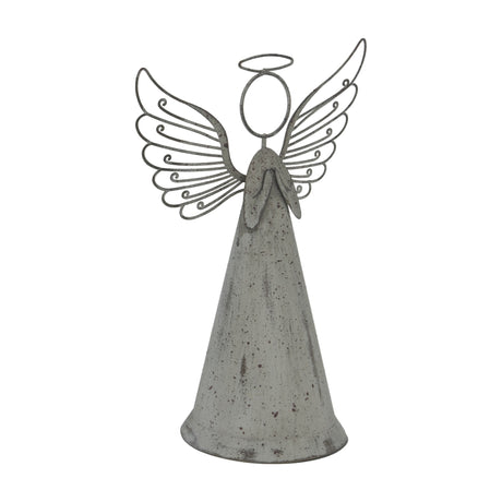 Hill Interiors large rustic metal standing angel in weathered brown, with sculpted wire wings and halo above a slender cone-shaped body, on a white background.