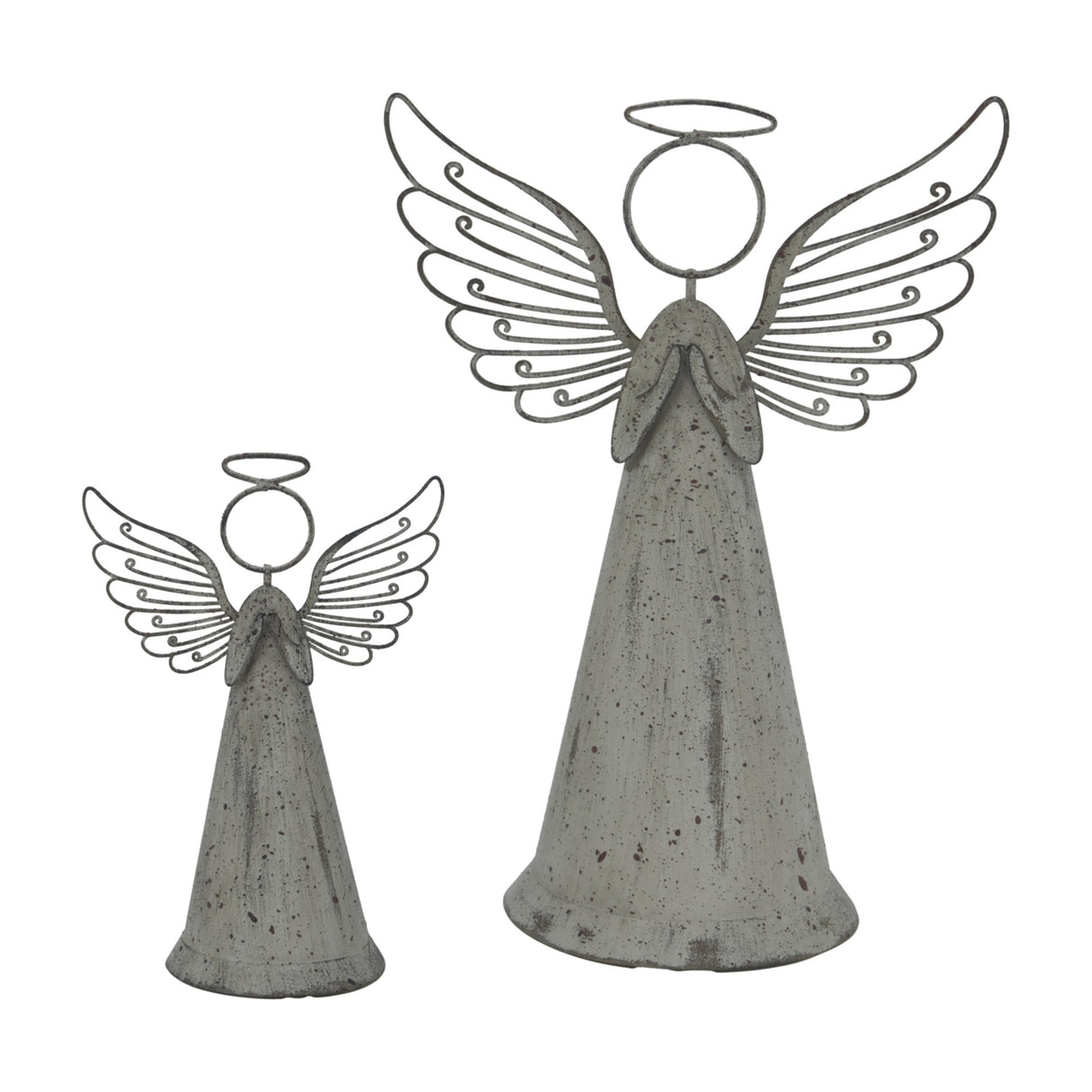 Hill Interiors rustic metal standing angel figures in weathered brown, shown in two sizes with folded hands, sculpted wings and halos, on a white background.