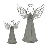 Hill Interiors rustic metal standing angel figures in weathered brown, shown in two sizes with folded hands, sculpted wings and halos, on a white background.