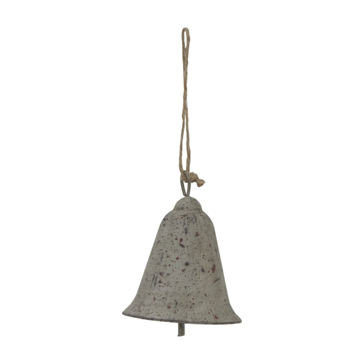 Hill Interiors Rustic Metal Hanging Bell in aged brown with speckled finish, small bell shape and jute cord loop, shown on a plain white background.