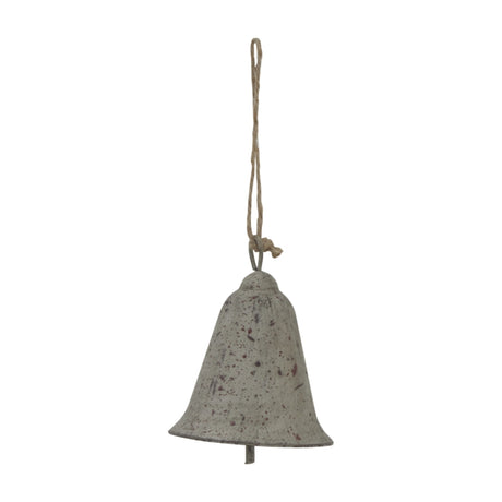 Hill Interiors Rustic Metal Hanging Bell in aged brown with speckled finish, small bell shape and jute cord loop, shown on a plain white background.