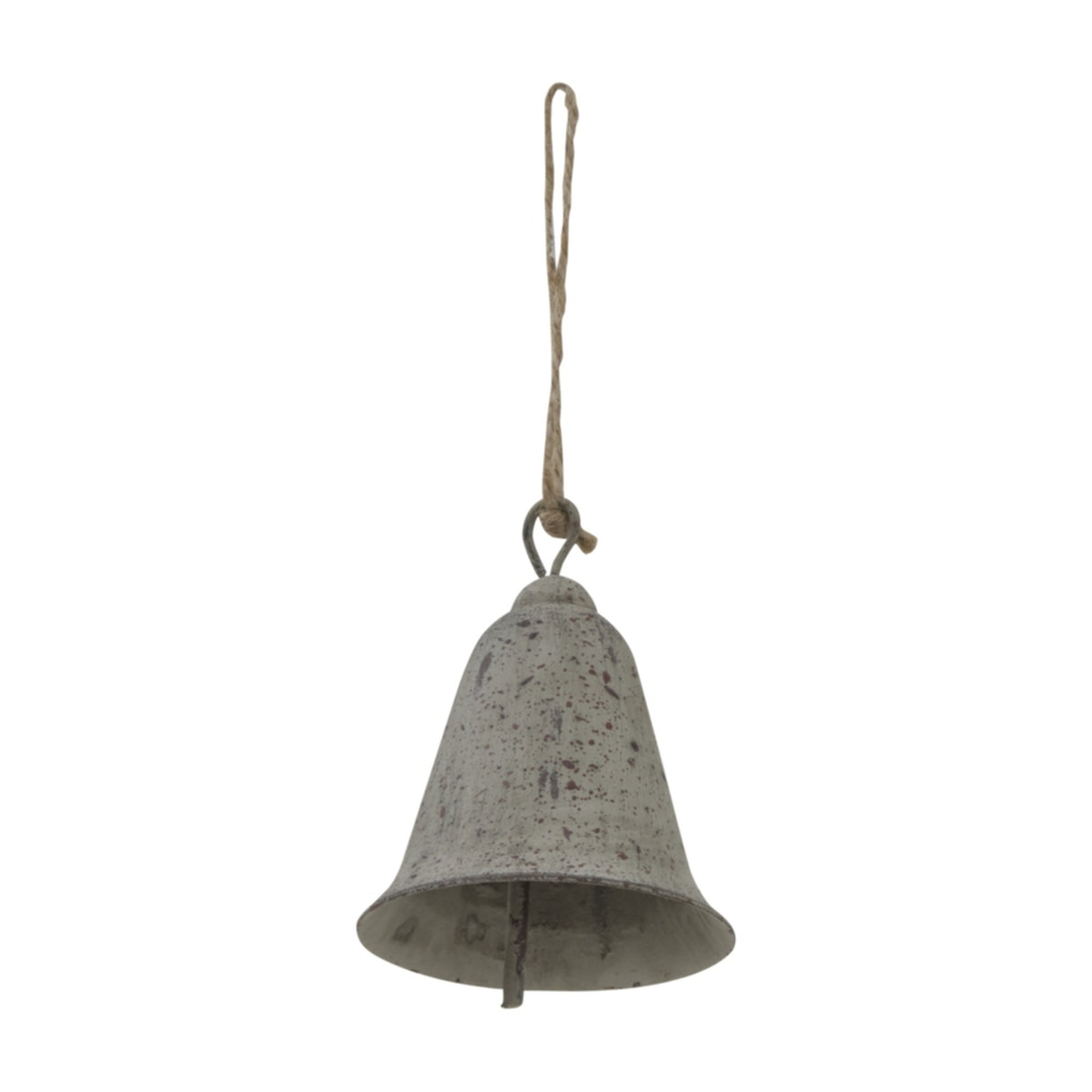 Hill Interiors Rustic Metal Hanging Bell in aged brown with a rounded shape, iron clapper and jute loop, shown against a plain white background.