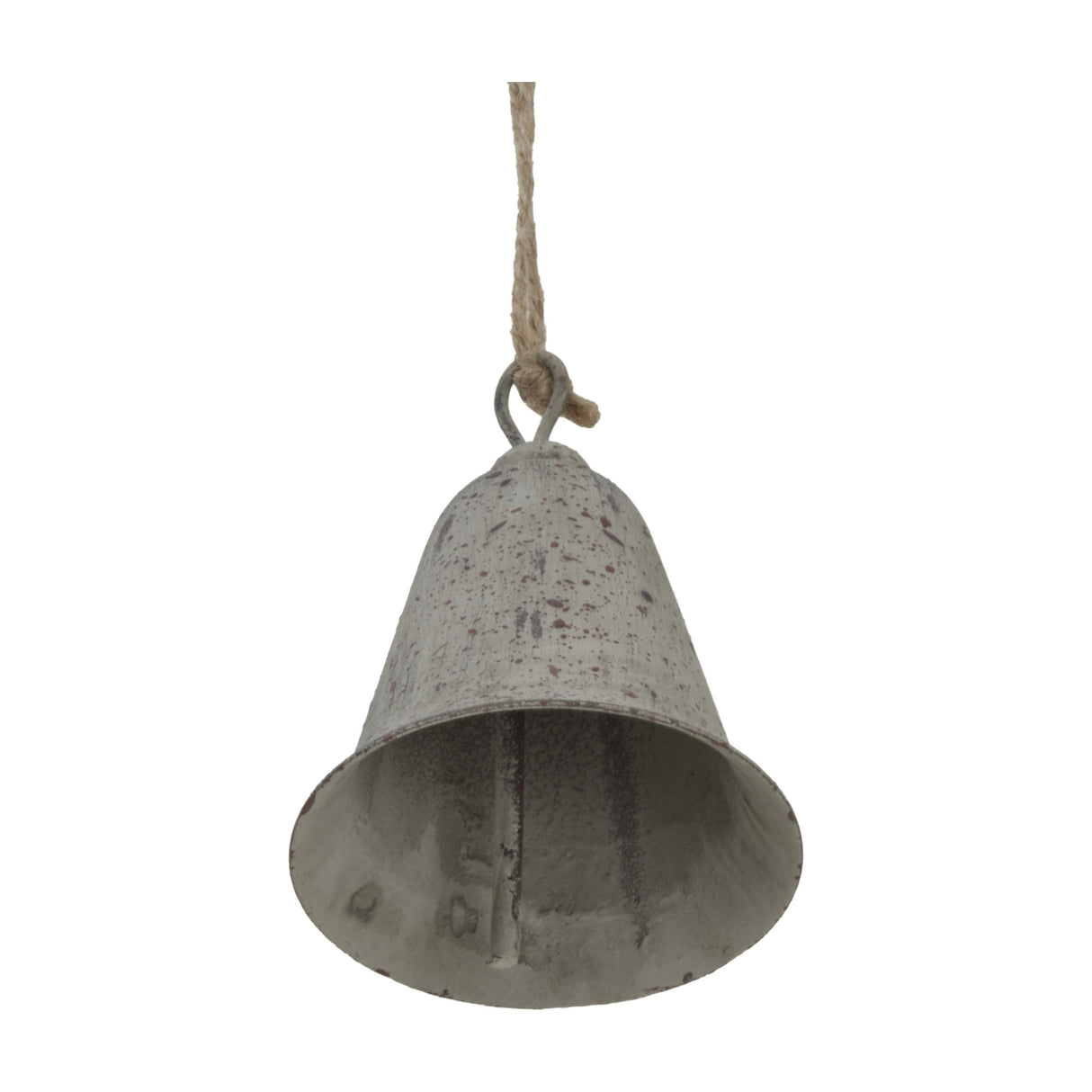 Hill Interiors rustic metal hanging bell in aged brown with a rounded shape, top loop and jute cord, shown against a plain white background.