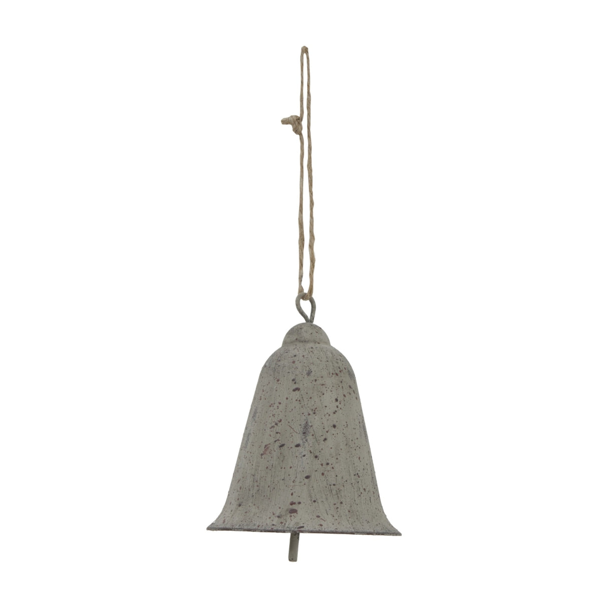 Hill Interiors Large Rustic Metal Hanging Bell in weathered brown with speckled matte finish, suspended from jute twine against a plain white background.
