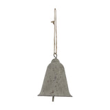 Hill Interiors Large Rustic Metal Hanging Bell in weathered brown with speckled matte finish, suspended from jute twine against a plain white background.