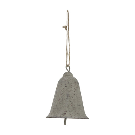 Hill Interiors Large Rustic Metal Hanging Bell in weathered brown with speckled matte finish, suspended from jute twine against a plain white background.