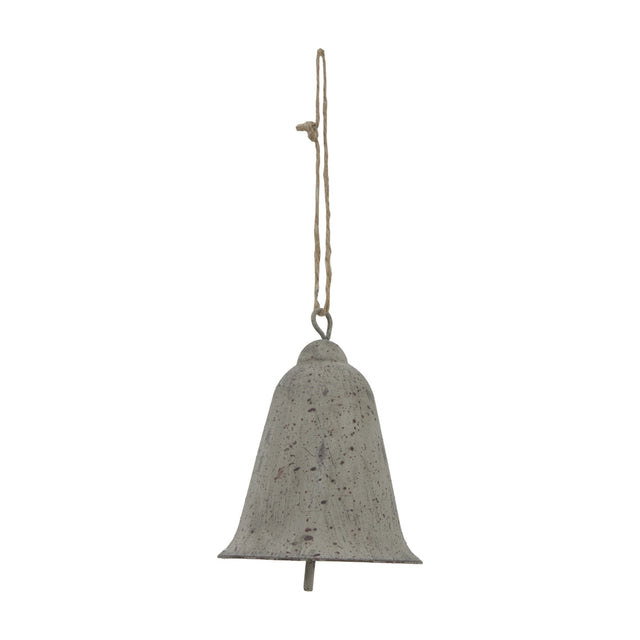 Hill Interiors Large Rustic Metal Hanging Bell in weathered brown with speckled matte finish, suspended from jute twine against a plain white background.