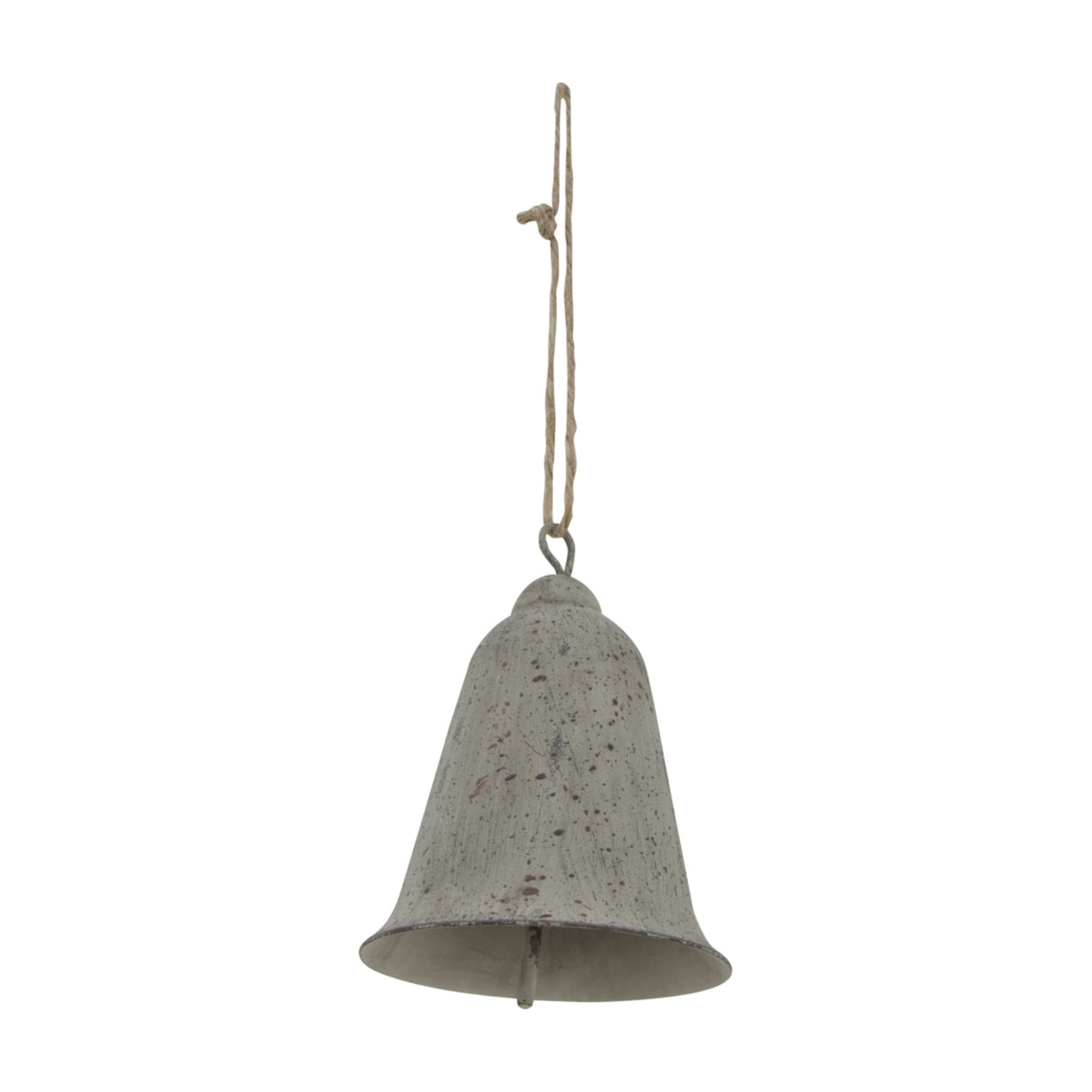Hill Interiors Large Rustic Metal Hanging Bell in weathered brown with a matte speckled finish, suspended from jute twine against a plain white background.