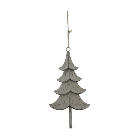 Hill Interiors Large Rustic Metal Hanging Tree in weathered brown, a tiered fir silhouette with jute cord loop, shown against a plain white background.