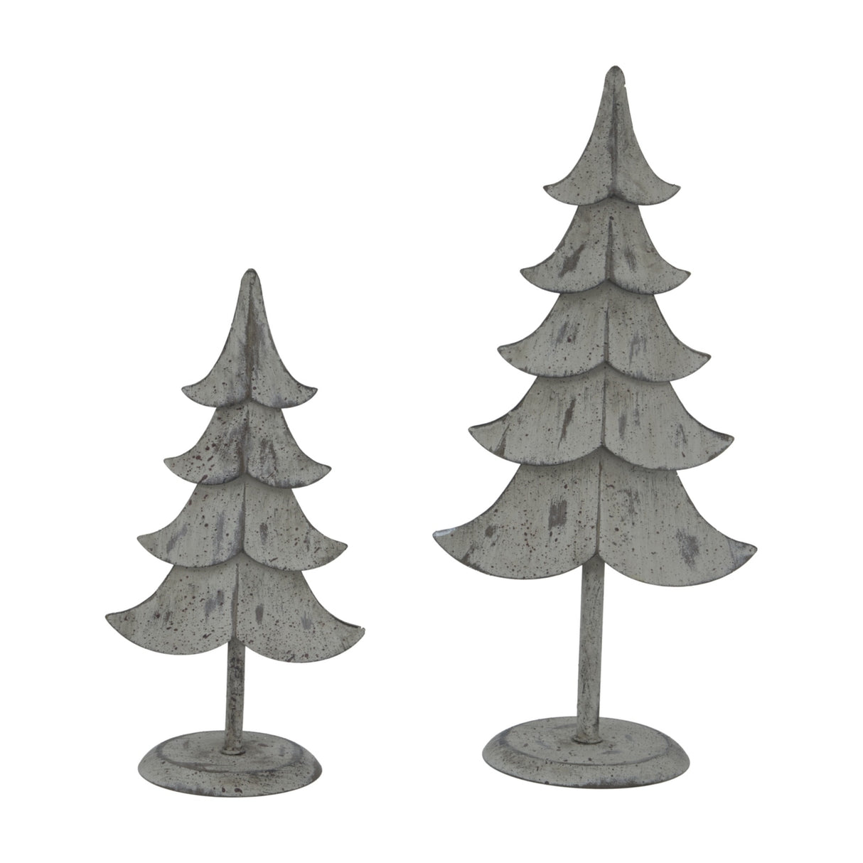 Hill Interiors Rustic Metal Standing Trees in weathered brown, shown as a small and larger tiered tree on round bases against a white background.
