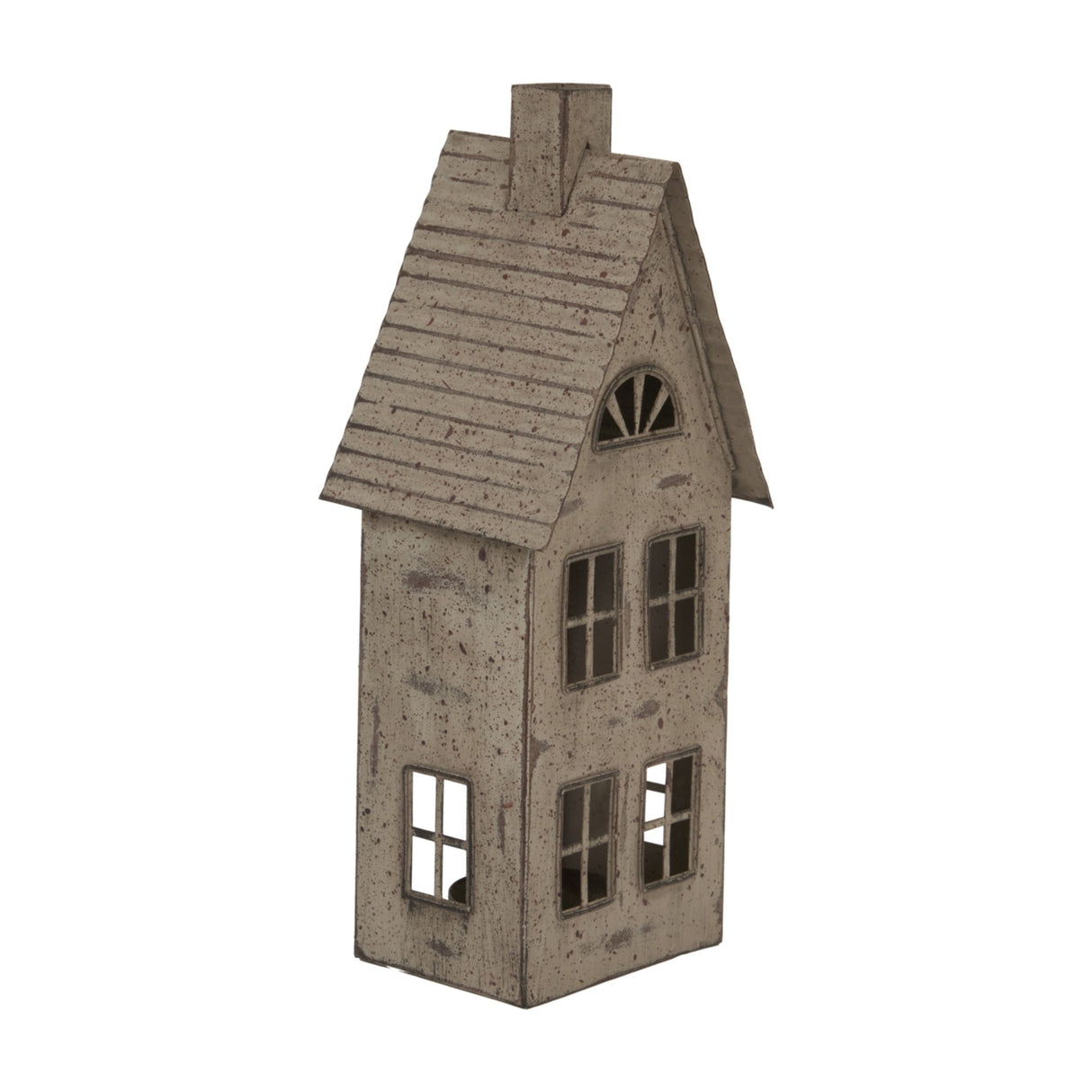 Hill Interiors tall rustic brown metal house tealight holder with pitched roof, chimney, cut-out windows and glass votive, on a white background.