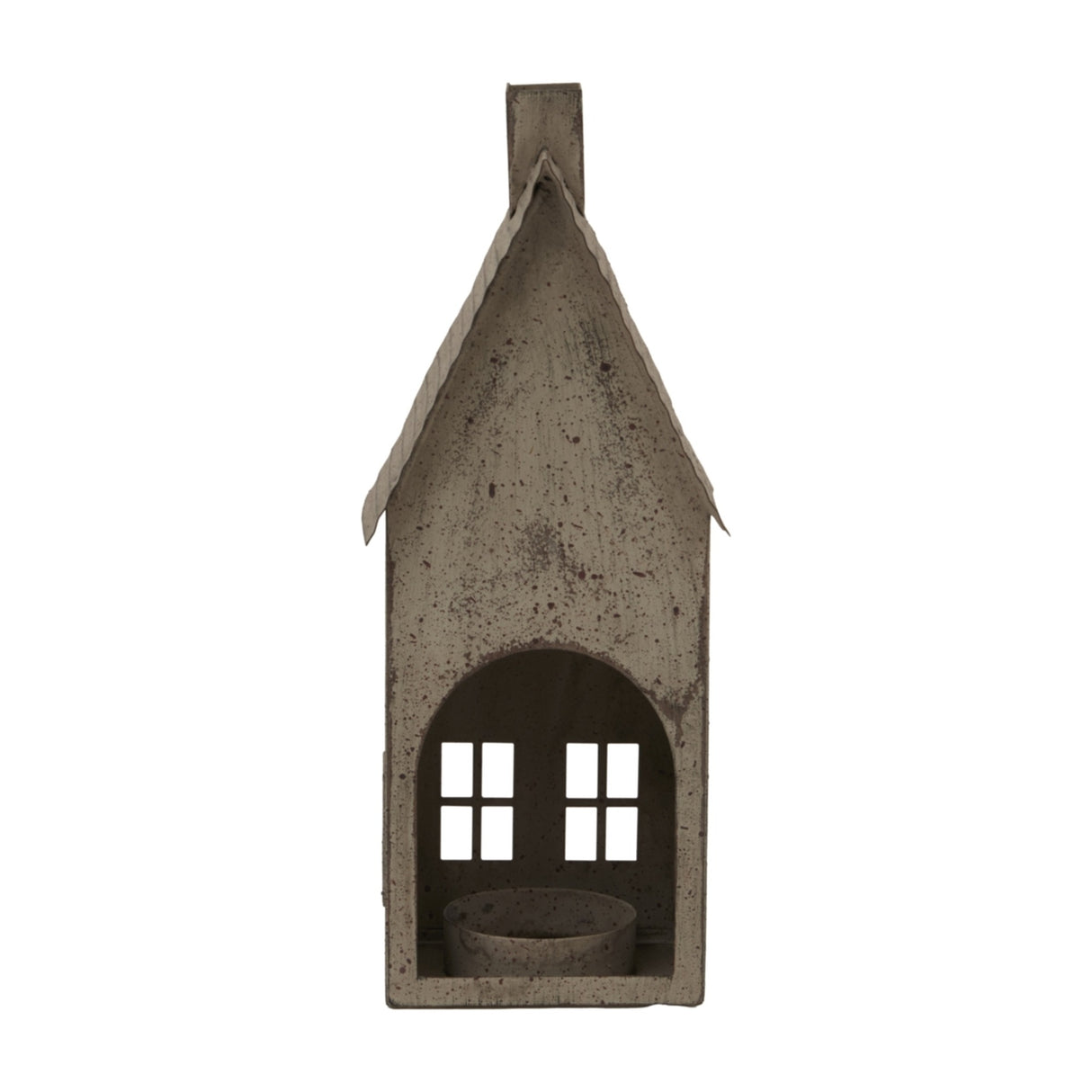 Hill Interiors tall rustic brown metal house tealight holder with pitched roof, chimney, arched opening and cut-out windows, on a plain background.