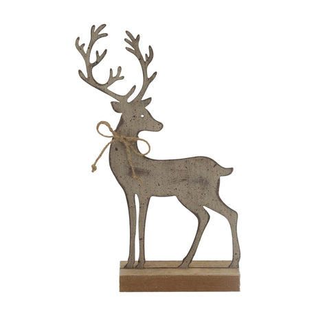 Hill Interiors rustic metal reindeer with tall antlers and twine bow, weathered brown finish on a wooden base, shown against a plain white background.