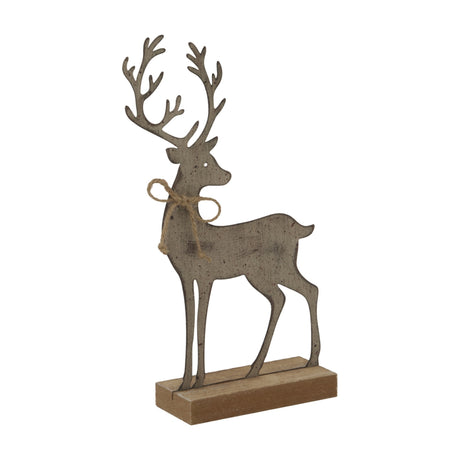 Hill Interiors rustic metal reindeer with tall antlers and jute bow on a solid wood base in weathered brown, shown against a plain white background.