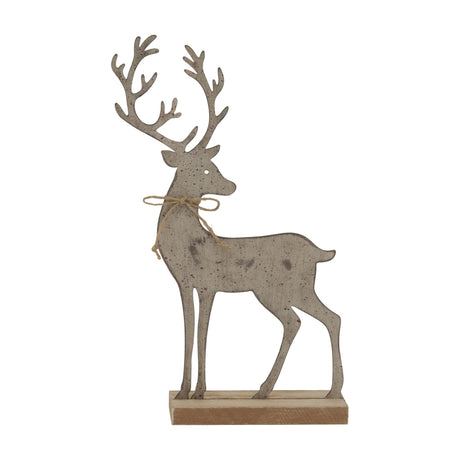 Hill Interiors large rustic metal reindeer with tall antlers and twine bow on a wood stand in weathered brown, shown against a white background.