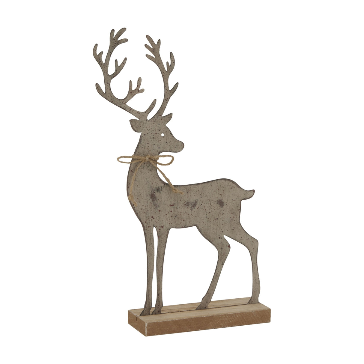 Hill Interiors large rustic brown metal reindeer figure with tall antlers and twine bow, mounted on a solid wood stand, shown on a white background.