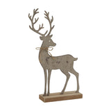 Hill Interiors large rustic brown metal reindeer figure with tall antlers and twine bow, mounted on a solid wood stand, shown on a white background.