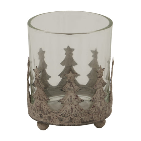 Hill Interiors Rustic Glass Candle Holder in brown, a small clear glass votive set within a weathered metal surround of Christmas tree shapes.