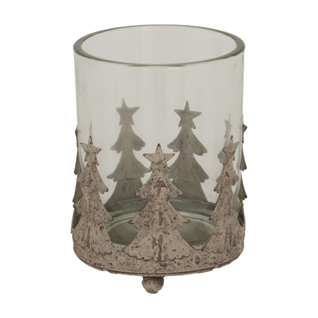 Hill Interiors rustic glass candle holder with clear tinted bowl surrounded by aged metal Christmas tree cutouts with star tops, shown on a white background.