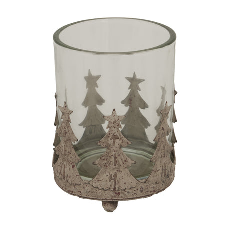 Hill Interiors rustic glass candle holder with clear tinted bowl surrounded by a distressed brown metal band of Christmas tree and star shapes.