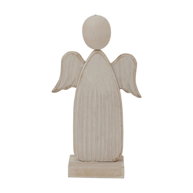 Hill Interiors Rustic Wooden Angel Ornament in white with carved folded wings, rounded head and square base, shown against a plain white background.