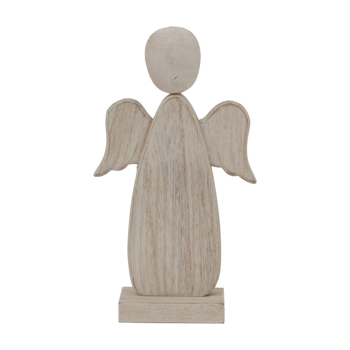 Hill Interiors Large Rustic Wooden Angel in brown, a carved standing figure with rounded head, folk-style wings and square base, shown on a white background.