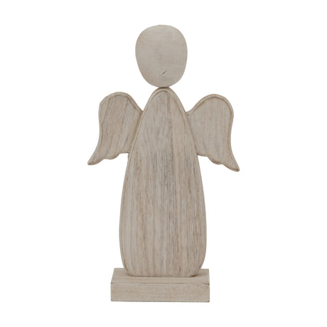 Hill Interiors Large Rustic Wooden Angel in brown, a carved standing figure with rounded head, folk-style wings and square base, shown on a white background.