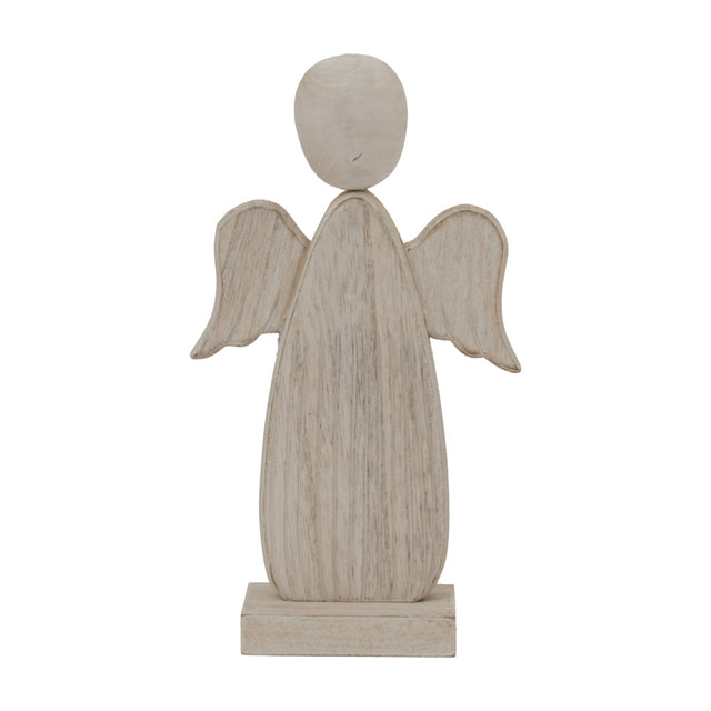 Hill Interiors Large Rustic Wooden Angel in brown, a carved standing figure with rounded head, folk-style wings and square base, shown on a white background.
