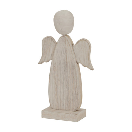 Hill Interiors Large Rustic Wooden Angel with carved wings and rounded head on a square base, shown in weathered whitewashed finish against a white background.