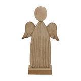 Hill Interiors Natural Rustic Wooden Angel Figure in beige, a small carved wood ornament with round head, wings and robed body on a square base.
