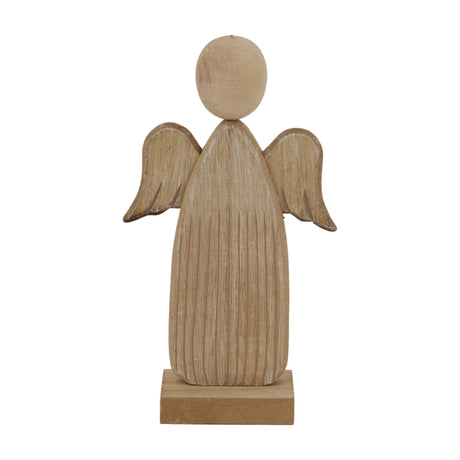 Hill Interiors Natural Rustic Wooden Angel Figure in beige, a small carved wood ornament with round head, wings and robed body on a square base.
