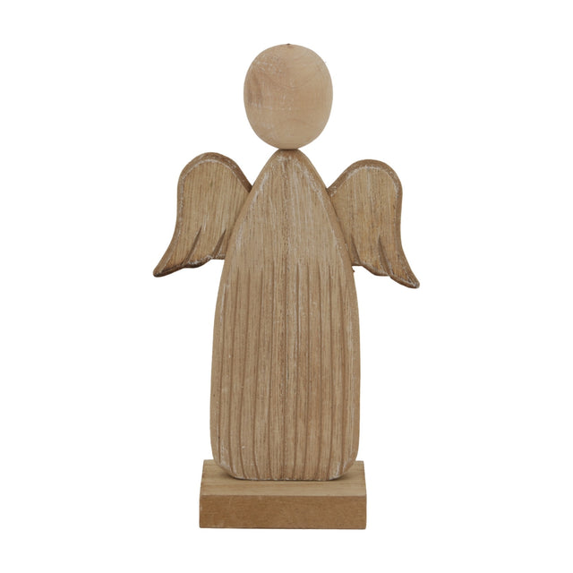 Hill Interiors Natural Rustic Wooden Angel Figure in beige, a small carved wood ornament with round head, wings and robed body on a square base.