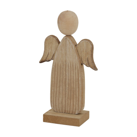 Hill Interiors Natural Rustic Wooden Angel Figure in beige, with carved wings, rounded head and flowing robe on a square base, shown on a white background.