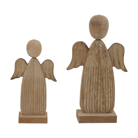 Hill Interiors rustic wooden angel figures in beige, shown in two sizes with carved bodies, folded wings and round heads on square bases.