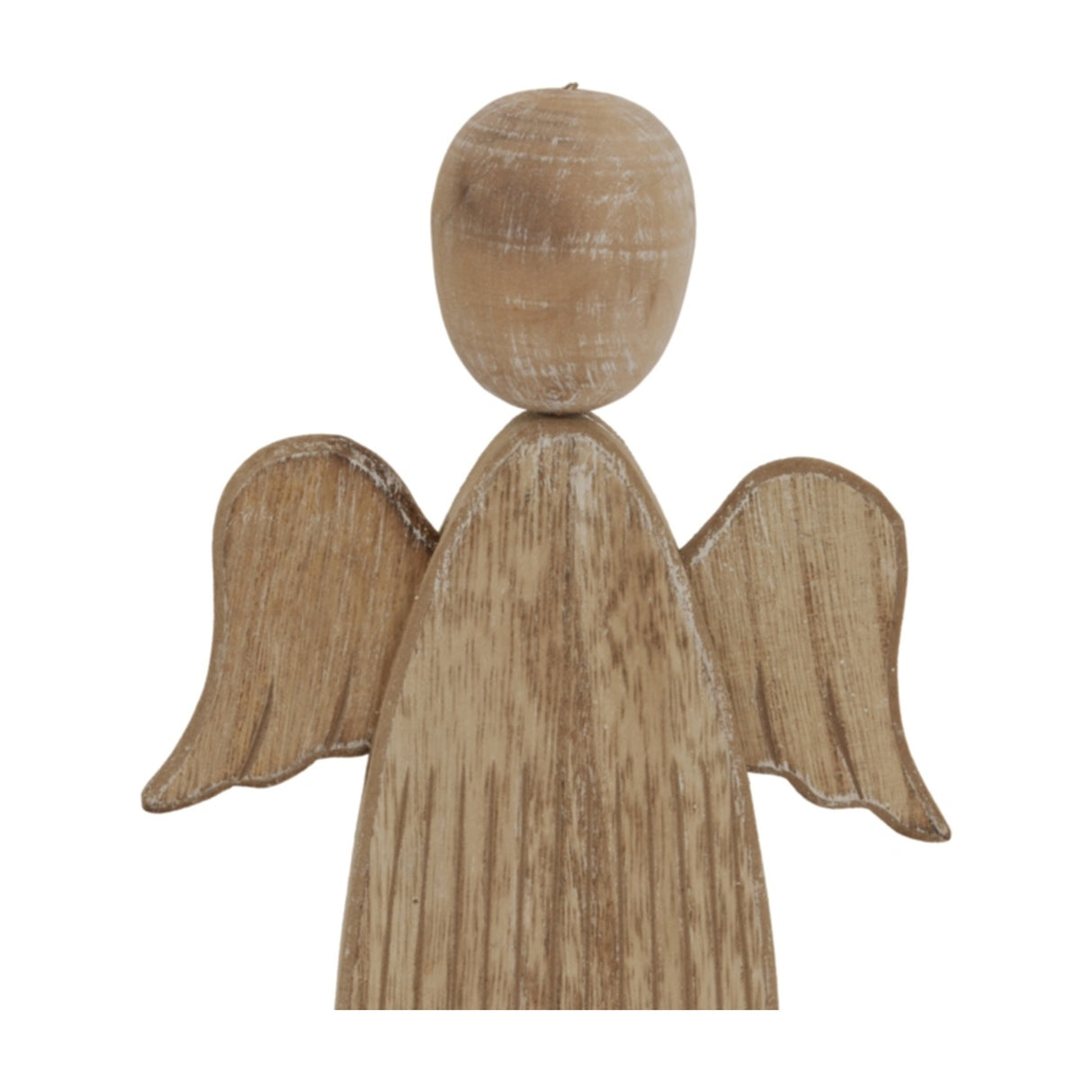 Hill Interiors Large Rustic Wooden Angel Figure in beige, showing the carved head, folded wings, and tapered body with visible wood grain on a white background.