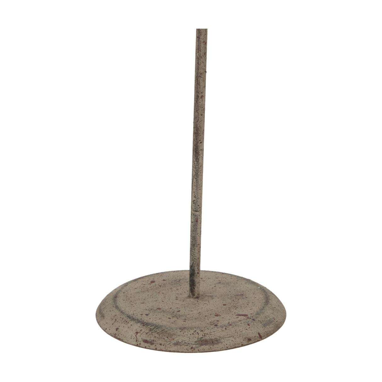 Hill Interiors Rustic Metal Star on Stand shown from the base, with a slim upright rod rising from a round distressed white metal foot on a plain background.