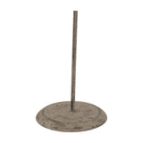 Hill Interiors Rustic Metal Star on Stand shown from the base, with a slim upright rod rising from a round distressed white metal foot on a plain background.