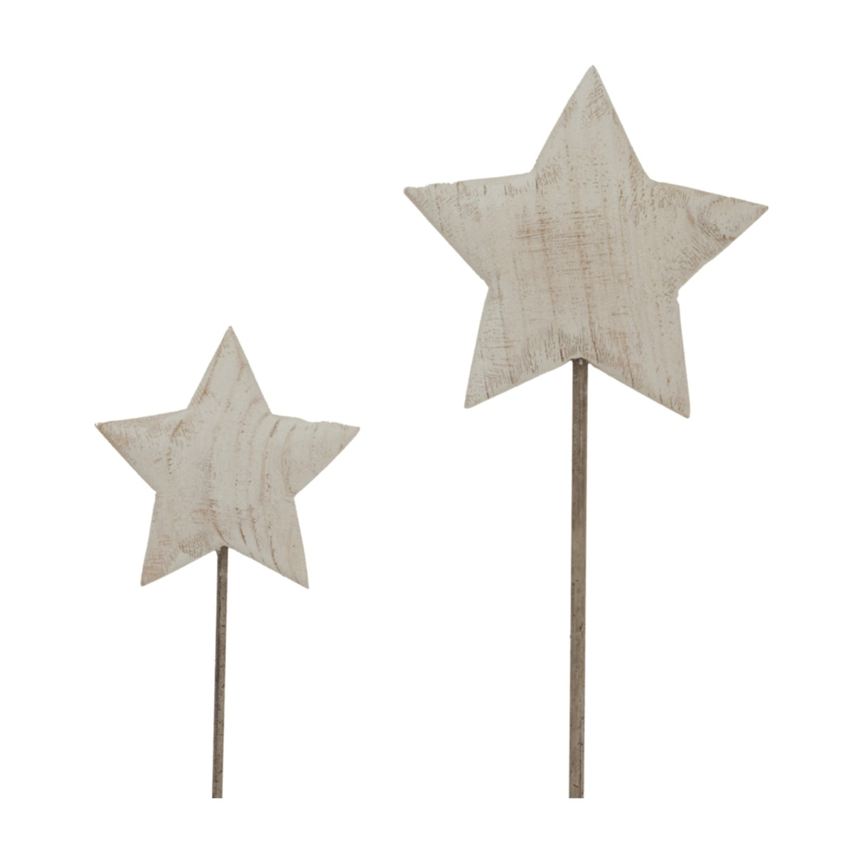 Hill Interiors Rustic Metal Star on Stand in white, shown as two whitewashed distressed stars on slim upright stems against a plain background.