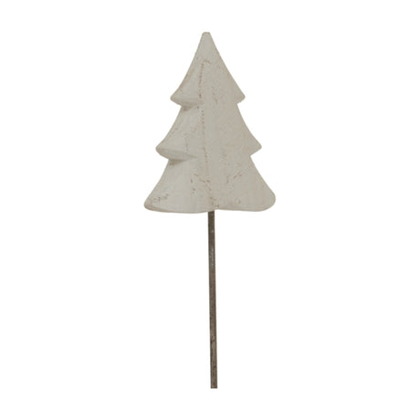 Hill Interiors Rustic Metal Tree on Stand in white, a slim Christmas decoration with a weathered wood-look finish on a narrow base, on a white background.