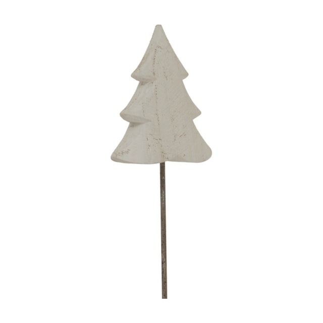 Hill Interiors Rustic Metal Tree on Stand in white, a slim Christmas decoration with a weathered wood-look finish on a narrow base, on a white background.