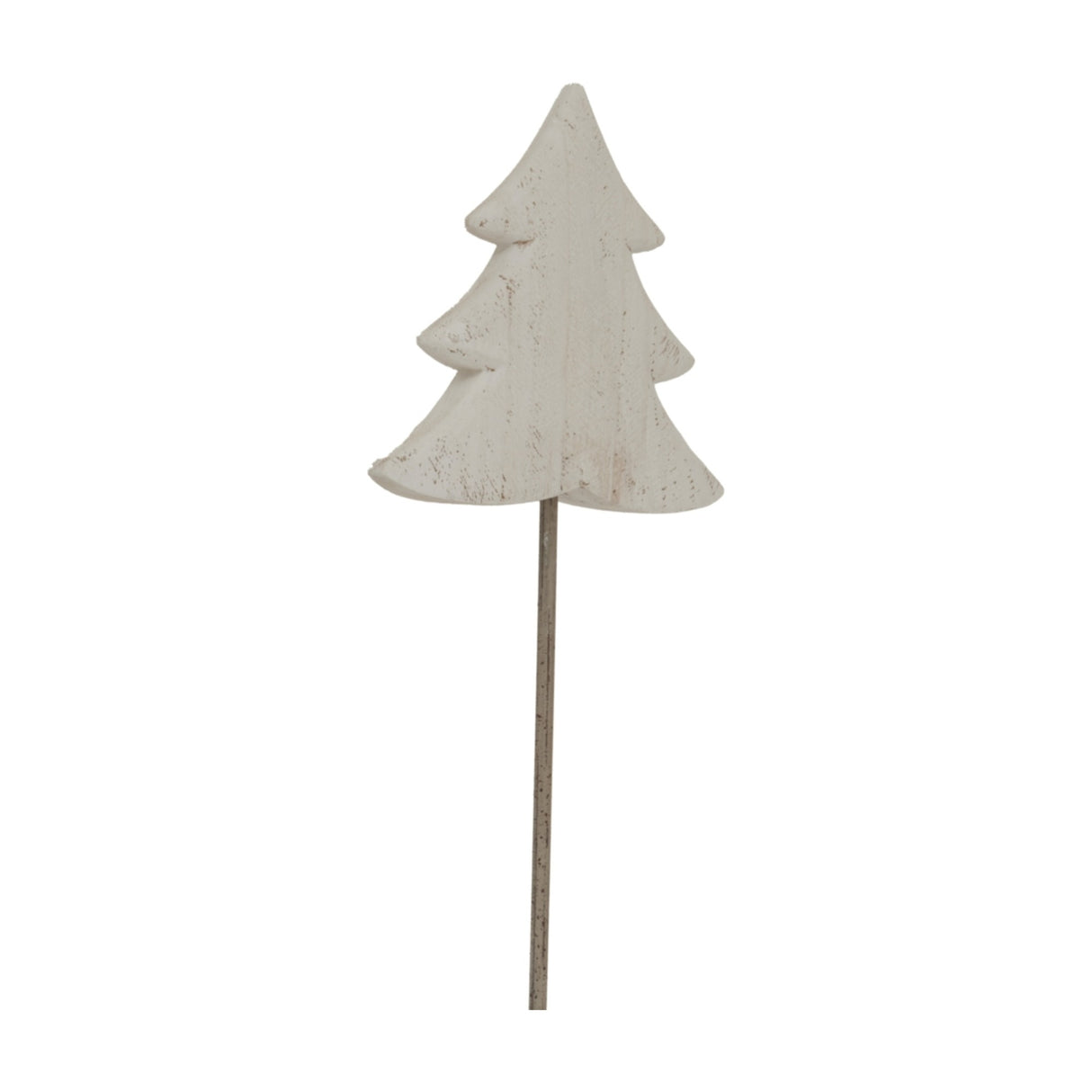 Hill Interiors Large Rustic Tree on Stand in white, a metal Christmas decoration with a distressed painted finish on a slim rod base, shown on white.