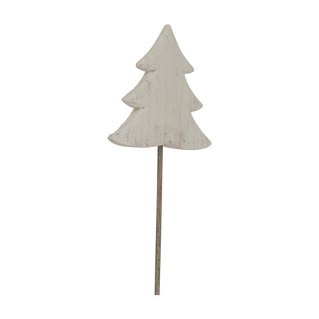 Hill Interiors Large Rustic Tree on Stand in white, a metal Christmas decoration with a distressed painted finish on a slim rod base, shown on white.