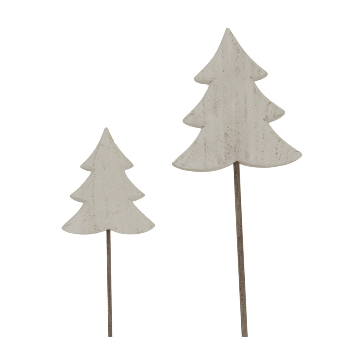 Hill Interiors Large Rustic Tree on Stand in white, two rustic-finish metal Christmas tree decorations on slim stakes, shown on a plain background.