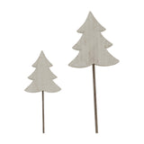 Hill Interiors Large Rustic Tree on Stand in white, two rustic-finish metal Christmas tree decorations on slim stakes, shown on a plain background.