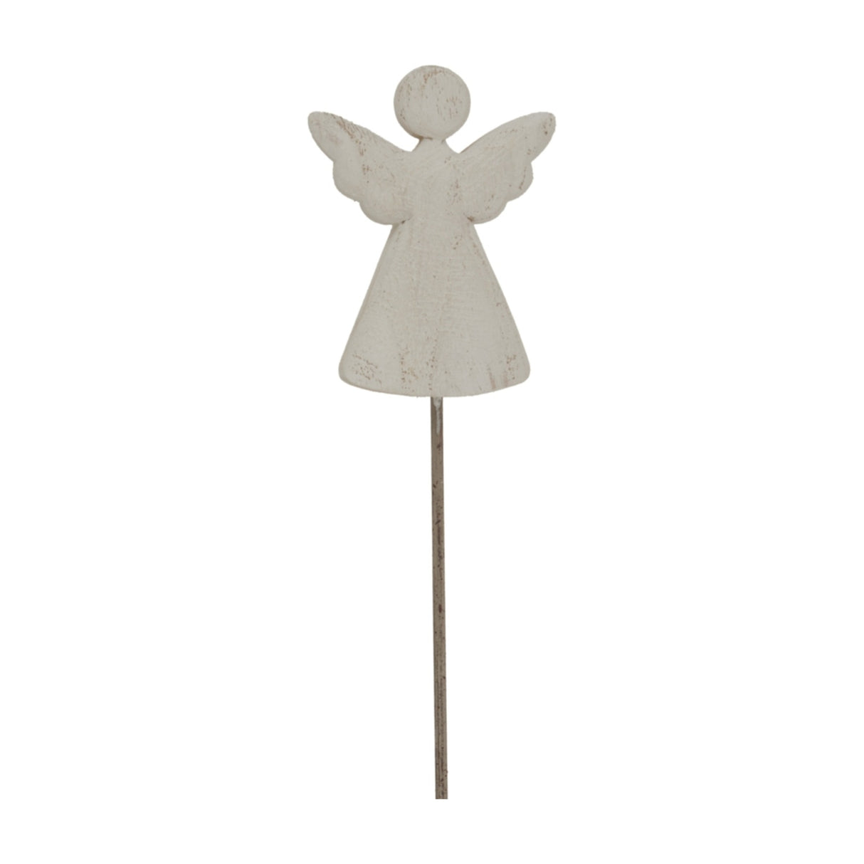 Hill Interiors Rustic Angel on Stand metal figure in whitewashed finish, with outstretched wings on a slim stake, shown against a plain background.